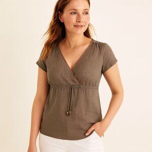 Boden Women Linen Blouse Top Size 2 Surplice Neckline Gathered Waist Mocha Brown